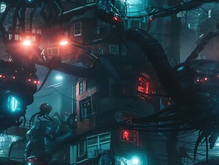 Capture a menacing, biomechanical creature looming overhead in a dark alley, lit by neon lights casting eerie shadows Surreal blend of organic and robotic elements
