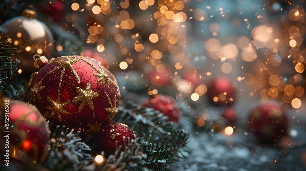 Poster elegant red and gold christmas ornaments on snowy pine branches with sparkling bokeh lights