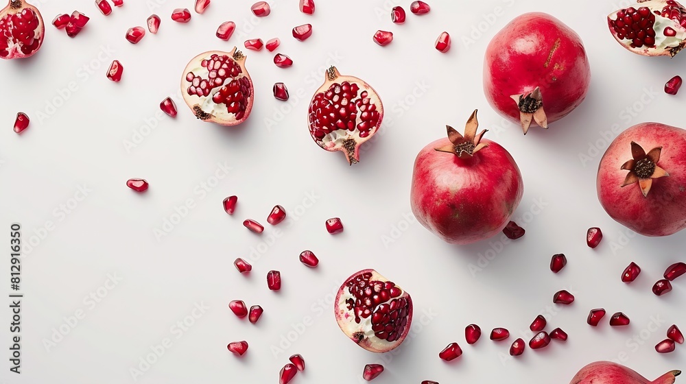 Poster fresh pomegranate creative layout isolated on white background healthy eating and dieting food conce
