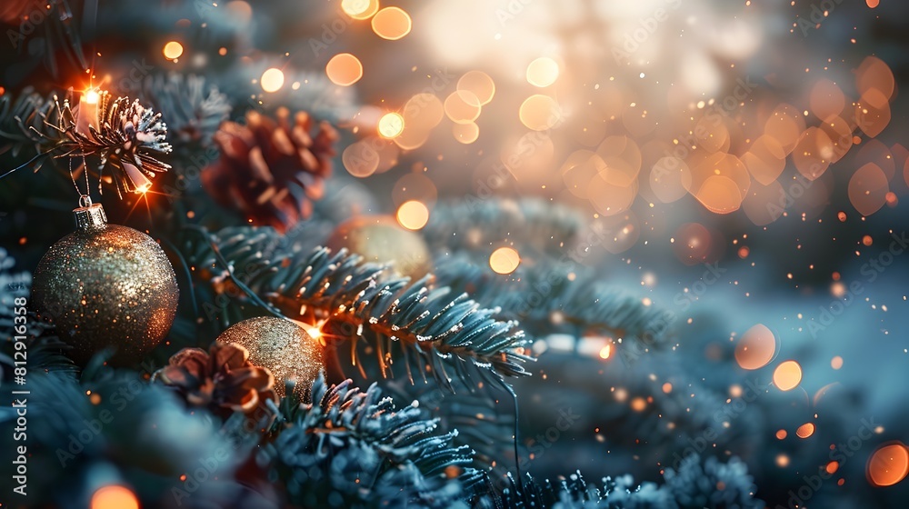 Poster festive christmas and new year 2025 background with sparkling ornaments and glowing bokeh lights