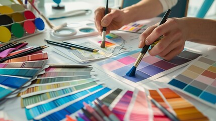 Close up view of Interior designers teamwork with pantone swatch and house building plans on office desk architects working with blue color palette to choose best paint for home refurb : Generative AI