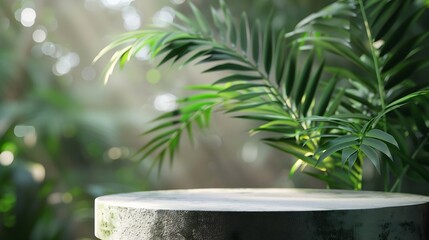Minimal podium table top outdoors blur green leaf tropical forest plant backgroundbeauty cosmetic healthy natural product placement pedestal displayjungle paradise concept : Generative AI