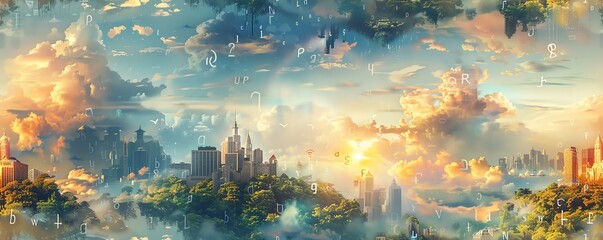 Capture a surreal scene of cityscape merging with nature through holographic projections of love letters in a digital painting
