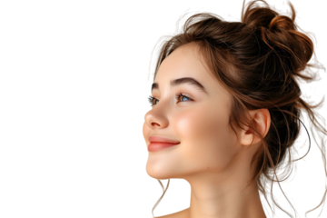 Portrait of satisfied glad lovely lady beaming smile look empty space on transparent background