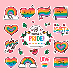 Pride month cute cartoon LGBT+ vector set