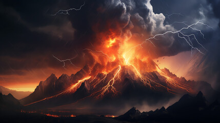 Fototapeta premium Volcano during a thunderstorm, with lightning striking near the erupting crater, adding a dramatic and chaotic element to the scene