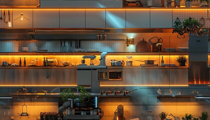 Capture the essence of a high-tech kitchen where robotic arms expertly cook alongside human chefs