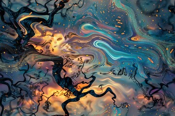 Capture the essence of financial trends with a surreal touch! Picture a surrealistic landscape filled with money tree branches twisting at tilted angles against a cosmic backdrop U