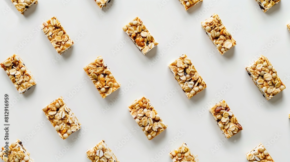 Poster creative layout made of granola bar on the white backgroundflat lay food concept : generative ai