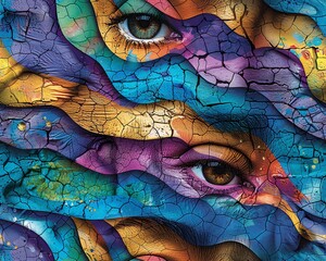 Capture the intricate layers of humanity through a close-up shot of a street art mural portraying the complexities of the mind Explore surreal details in bold colors and intricate 