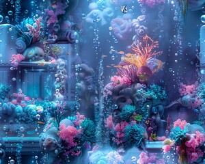 Capture the intricate dance of bubbles rising from a coral reef garden
