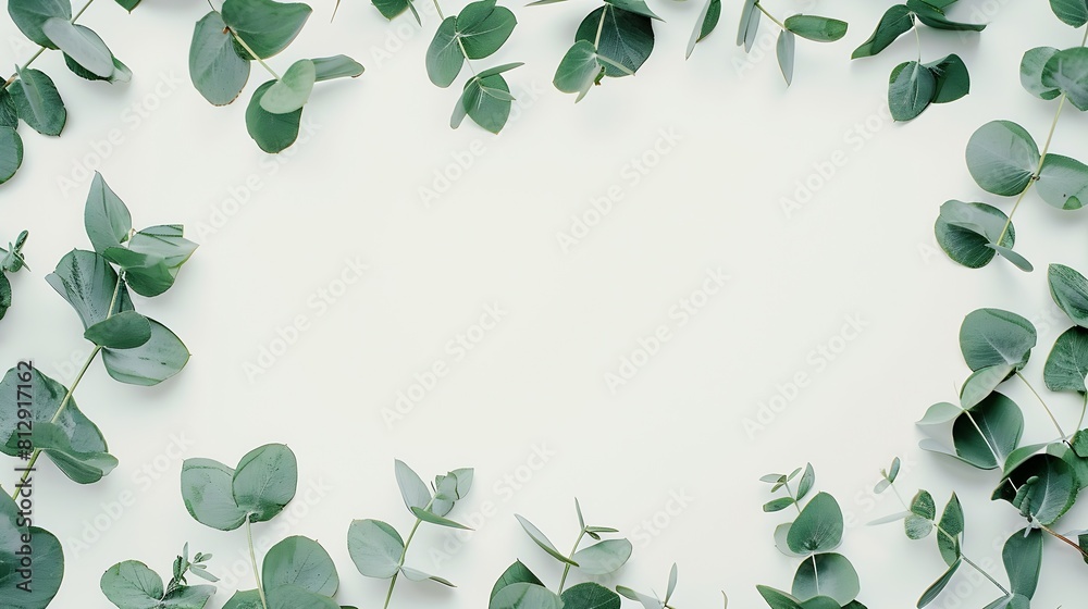 Poster green eucalyptus leaves frame banner top view isolated on white background with copy space flat lay 