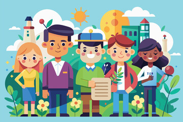 A diverse group of people standing next to each other in a flat customizable illustration, Curiosity people Customizable Flat Illustration