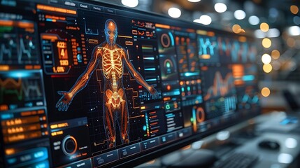 Advanced sports analytics software monitor displaying high-resolution data on athlete strategies and health monitoring, hyperrealistically depicted with sharp graphics.