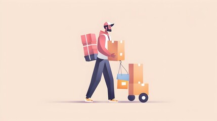 Delivery person carrying packages and boxes on a trolley for an online shopping and e commerce service in a modern flat design