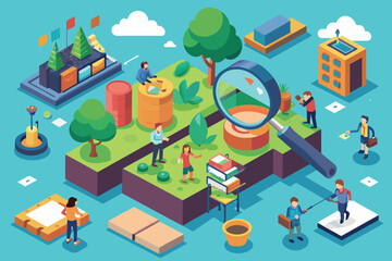 Naklejka premium Group of individuals inspecting a book using a magnifying glass in a customized isometric illustration, Curiosity search Customizable Isometric Illustration