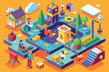 Illustration of a man and woman standing in front of a house, Curious Customizable Isometric Illustration