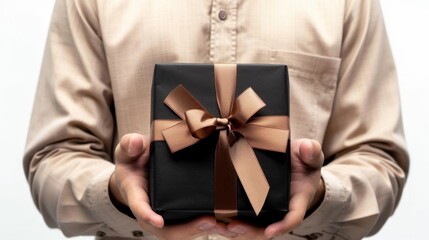 Closeup man hand holds a brown ribbon gift box on a white background. Generated AI image