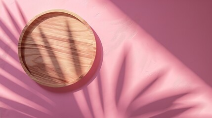 Fototapeta premium Woodcut lying on a trendy pink background A wooden platform for luxury and natural cosmetics or products presentation Wooden tray mockup in the sunlight Top view : Generative AI