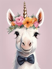 Naklejka premium Baby Unicorn Flower Crown Bowties Woodland Animal Nursery Decor, Generative AI Illustration 