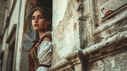 Woman model is leaning against the wall of an old building dressed in medieval style. AI generated