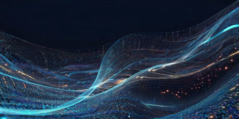 Obraz premium wave technology beautiful wavy blue light lines with digital effect corporate concept. Wave line of flowing particles vector background