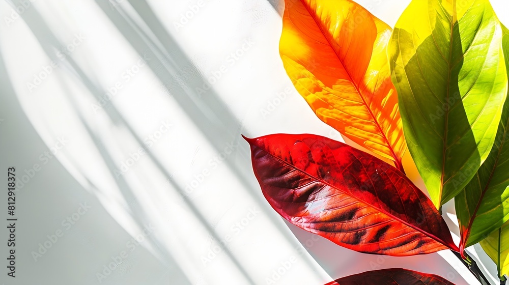 Poster Creative layout of colorful riskus leaves on a white background in the rays of the sun with shadows Minimal summer exotic concept with copy space : Generative AI