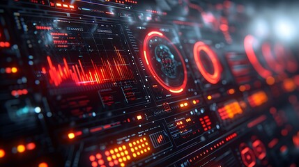 Obraz premium Close-up of a cybersecurity analysis monitor, displaying dynamic threat maps and antivirus responses, rendered hyperrealistically with high detail and clarity, no people.
