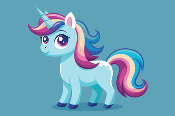Naklejka premium A small adorable pony standing on a plain blue background, Cute unicorn Customizable Disproportionate Illustration