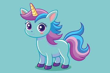 Fototapeta premium A small pony with a disproportionately large horn stands in a field, Cute unicorn Customizable Disproportionate Illustration