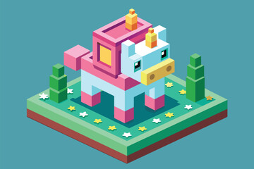 A cute pink and yellow pony sitting on top of a vibrant green field, Cute unicorn Customizable Isometric Illustration