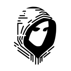 Mysterious Hooded Hacker in Black and White &ndash; Vector Illustration on Cybersecurity, Anonymity, and Digital Safety