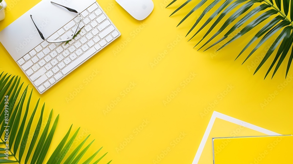 Aufkleber Office desk workspace on bright color yellow background Office table Work space layout with computer keyboard plant mouse notepad notes and copy space Top view office table with palm p : Generative AI
