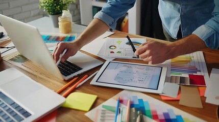 two colleagues interior designer discussing data and digital tablet and computer laptop with sample material and graphics design diagram on wooden desk as concept : Generative AI