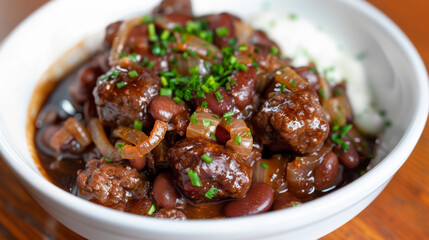 Hearty beef and bean chili topped with fresh green onions, presented in a white bowl on a rustic wooden table