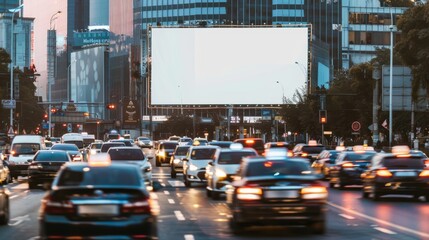 A bustling urban street scene at dusk features cars with headlights and a large blank advertising billboard awaiting content