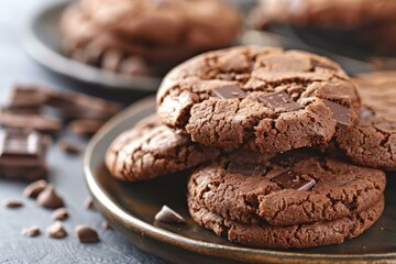 Closeup of delicious chocolate chunk cookies on a rustic plate, perfect for dessert