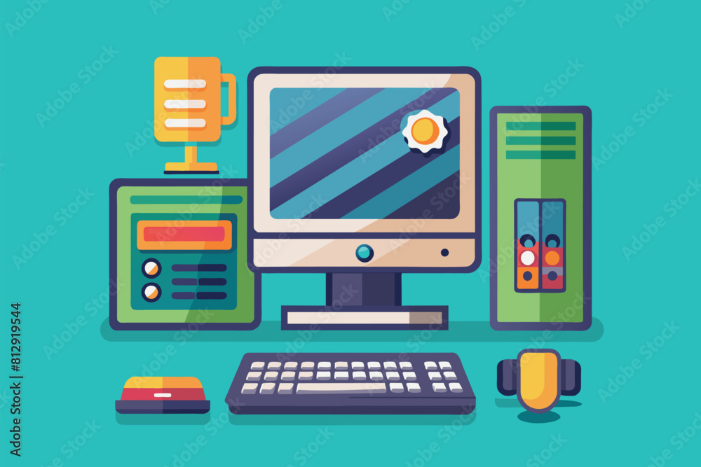 Poster a desktop computer placed on top of a desk in an office setting, desktop computer customizable flat 