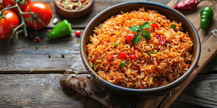Jollof Rice on a rustic wooden table, Nigerian cuisine staple, Colorful rice dish with tomatoes and peppers