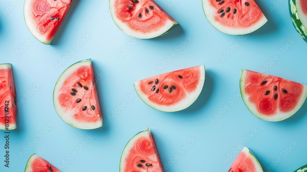Poster colorful fruit pattern of fresh watermelon slices on blue background from top view : generative ai