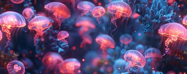 Imagine a futuristic scene where tiny robotic butterflies pollinate glowing jellyfish-like plants amidst floating coral structures