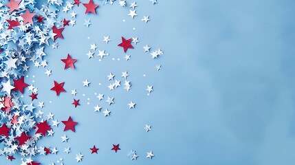 4th of July American Independence Day Happy Independence Day Red blue and white star confetti decorations on blue background Flat lay top view copy space : Generative AI