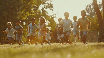 A group of happy children of boys and girls run in the Park on the grass on a Sunny summer day  The...