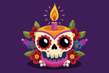A cartoon illustration of a customizable Dia de Muertos skull with a candle on top, Dia de muertos candle Customizable Cartoon Illustration
