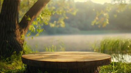 Tree Table wood Podium in front of the lake of the farm a stand of display for food perfume and other products on a nature background a Table in a farm with river and grass Sunlight at : Generative AI - Powered by Adobe