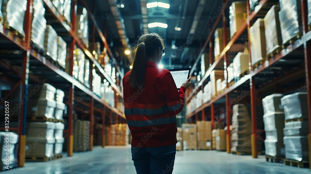 Aufkleber Industry 40 Modern Warehouse Female Engineer in Empty Warehouse Uses Digital Tablet Computer with Augmented Reality Software for Future Factory or Warehouse Layout Concept Shot of Augm : Generative AI