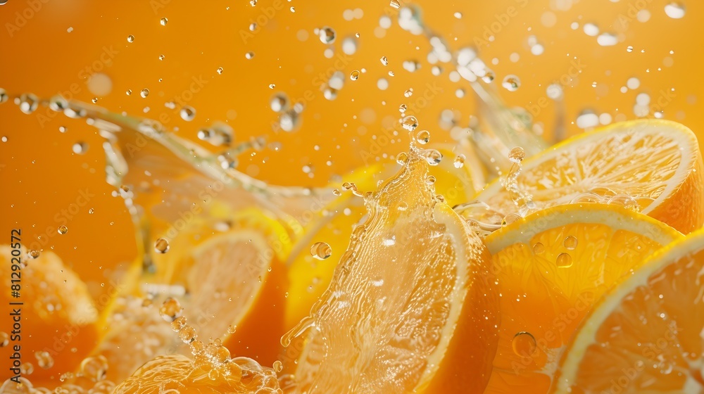 Poster Creative layout made from Fresh Sliced oranges and Orange fruit and water Splashing on a orange background : Generative AI