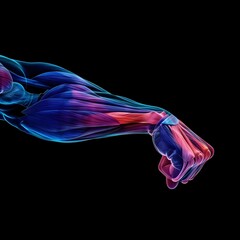 Neon Illuminated Human Arm Muscles Biceps and Triceps Isolated on Black Background - obrazy, fototapety, plakaty