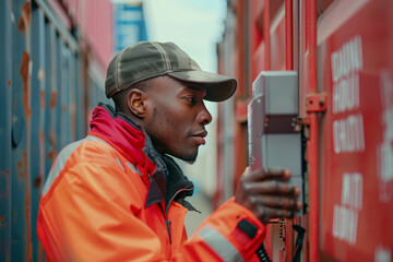 Close-up of a security guard using technology for scanning shipping containers at an international port.. AI generated.