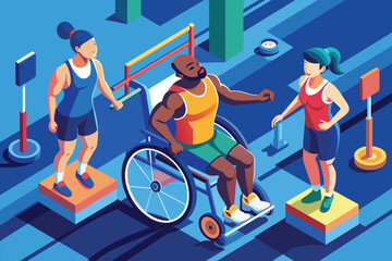 A man in a wheelchair is being pushed by a woman in an outdoor setting, Disabled athletes Customizable Isometric Illustration